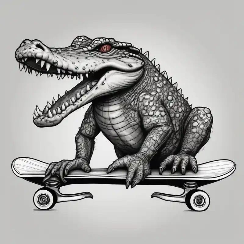crocodile riding a skateboard with piercings and tattoos cute tattoo idea – Realistic, Black and white